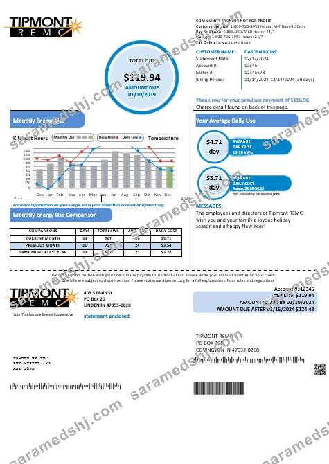 USA Indiana Tipmont business utility bill template in Word and PDF formats